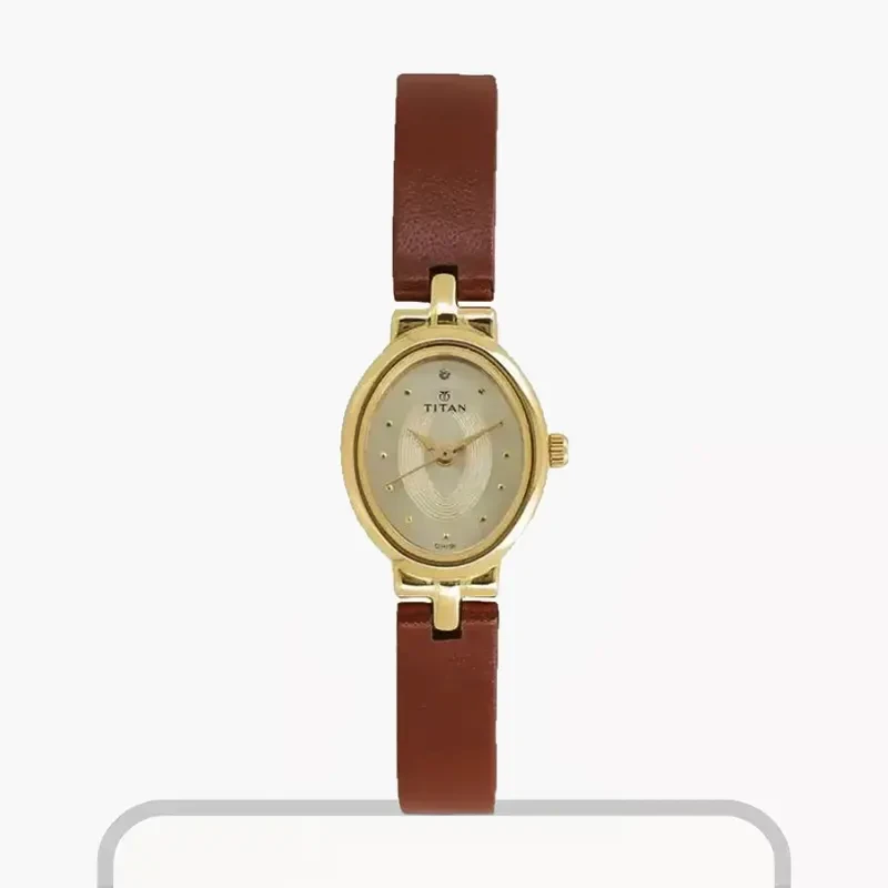 Titan Brown Leather Strap Champagne Dial Ladies Watch- 2594YL01